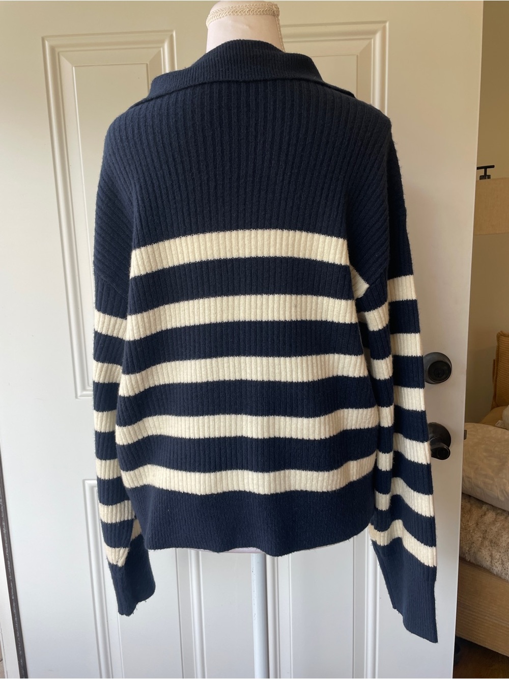 LOFT Navy and Cream Striped Polo Sweater - Picture 3 of 8